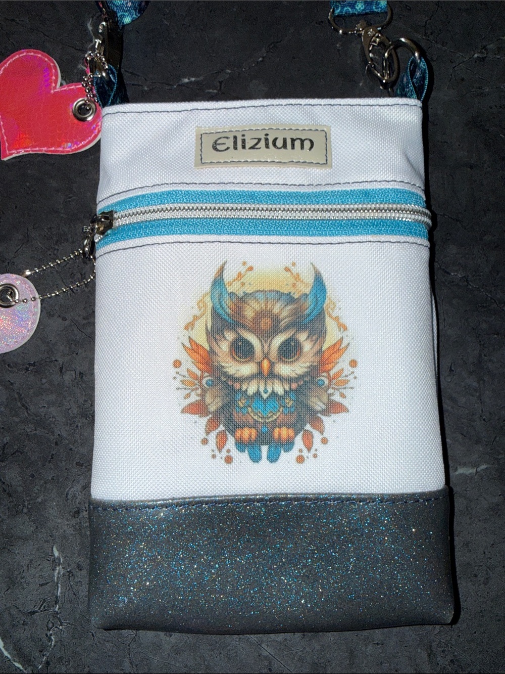 White & Teal Owl Crossbody Bag